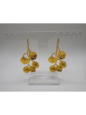 Gold Tone Leaf Dangle Earrings Long Botanical Statement Drop 3.5”